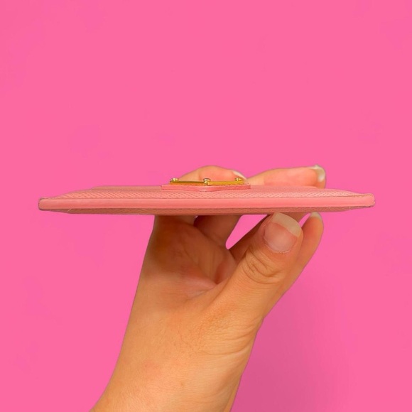 prada triangle logo leather card holder wallet in “petal pink” gold hardware! - Picture 6 of 8